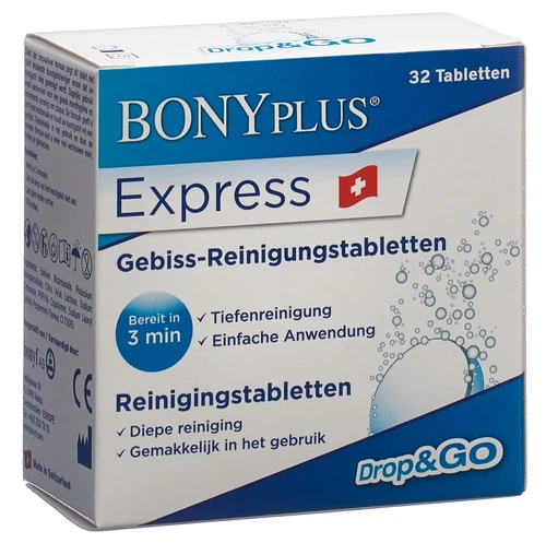 BONY PLUS Express comprimés effervescents pour nettoyage des appareils dentaires 32 pièces