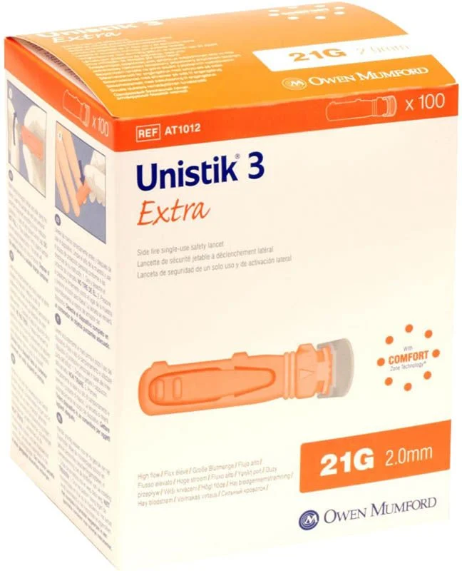 UNISTIK 3 Lancettes Extra 21G (2.0mm) 100 pièces UNISTIK 3 Lancettes Extra 21G (2.0mm) 100 pièces