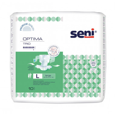 Seni Optima Trio Protections L avec ceinture respirante Tour de hanches 80-125cm 8 gouttes 10 pièces Seni Optima Trio Protections L avec ceinture respirante Tour de hanches 80-125cm 8 gouttes 10 pièces