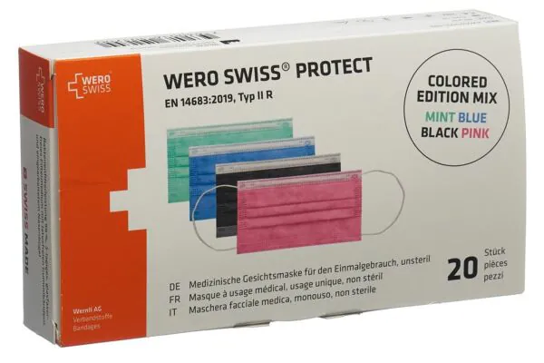 Masque WERO SWISS Protect type IIR coloré Mix Box 20 pièces
