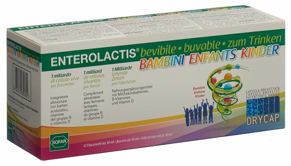 Enterolactis Solution buvable pour enfants avec des bactéries lactiques, des vitamines B et de la vitamine D12, 10ml Enterolactis Solution buvable pour enfants avec des bactéries lactiques, des vitamines B et de la vitamine D12, 10ml